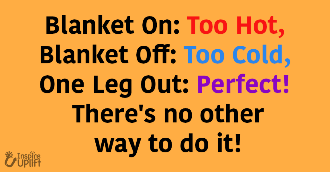 Blanket On Too Hot, Blanket Off Too Cold, One Leg Out Perfect