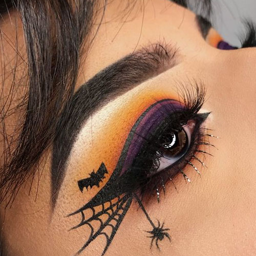 Orange & Purple Makeup With Spider Tattoo