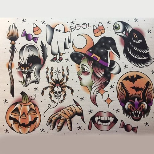 Halloween flash by Sierra Mack, apprenticing at Eight Bells in Malvern, Pa.  : r/traditionaltattoos