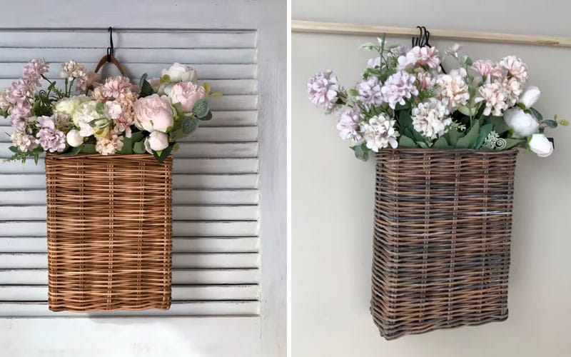 Wicker hanging wall planter with leather handle