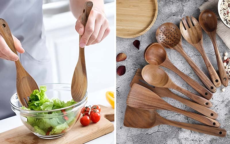 8 Piece Natural Teak Wood Spoons & Kitchen Utensils