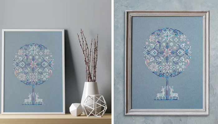 Winter tree with reindeer cross stitch pattern