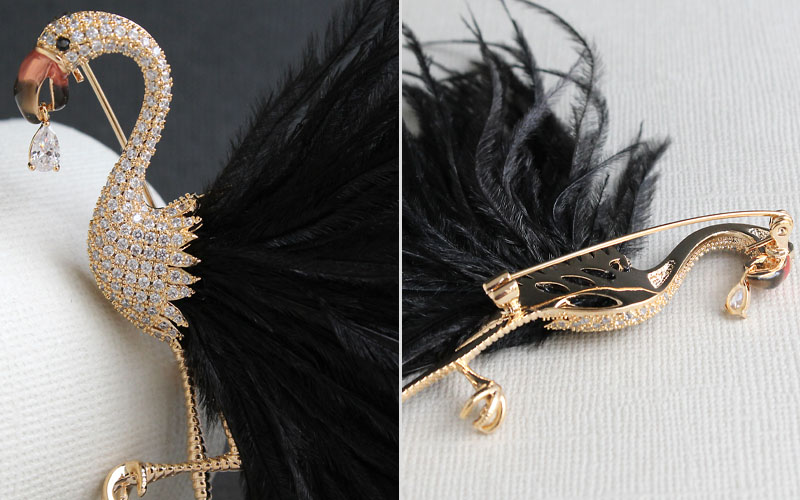 black bird brooch with feathers, flamingo bird brooch