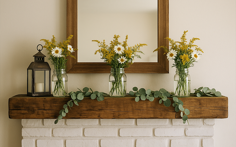 Rustic decor style of mantel
